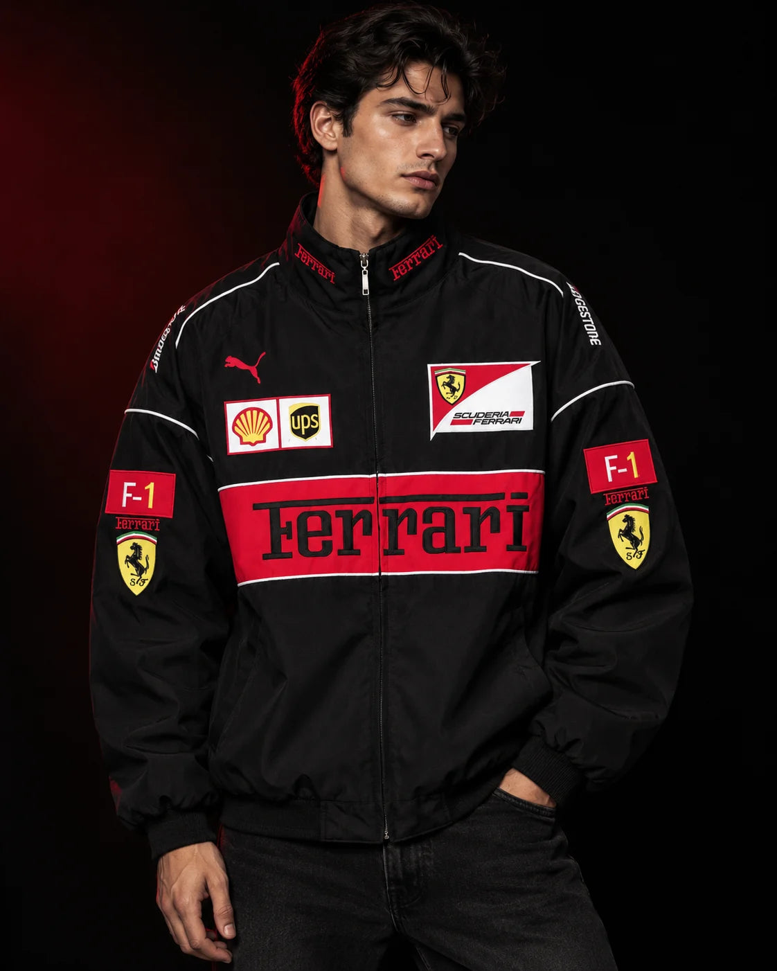 Model wearing the black and red racing jacket