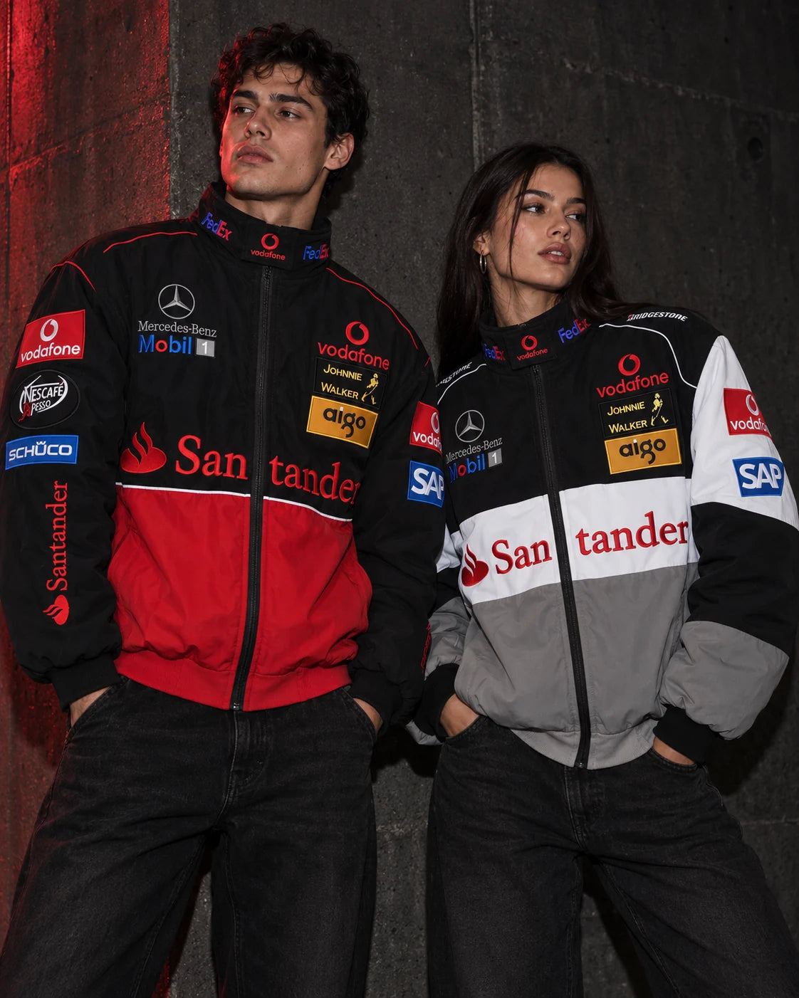 Two people wearing Racewear racing jackets